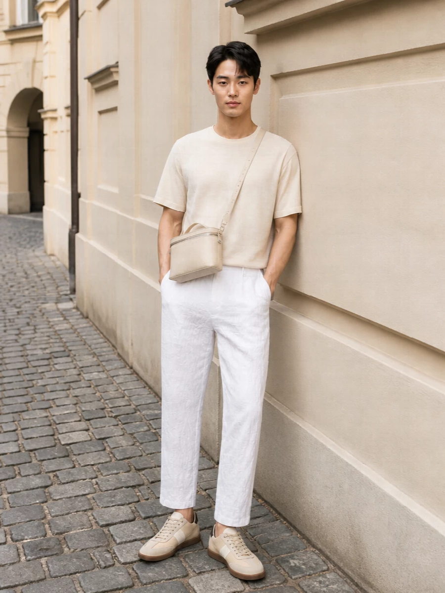 Butter-soft neutrals run head to toe, with the faded tee and textured cropped trouser creating a calm, sun-washed base. Sand-toned retro runners keep it relaxed and city-ready, while the structured cream crossbody adds just enough precision for dinners, galleries or an easy office day. It is minimalist, quiet luxury you barely have to think about, but that always reads considered.