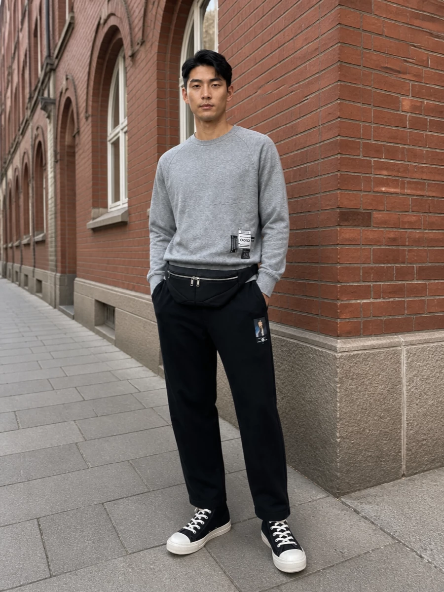 Undercover grey sweatshirt black trousers outfit