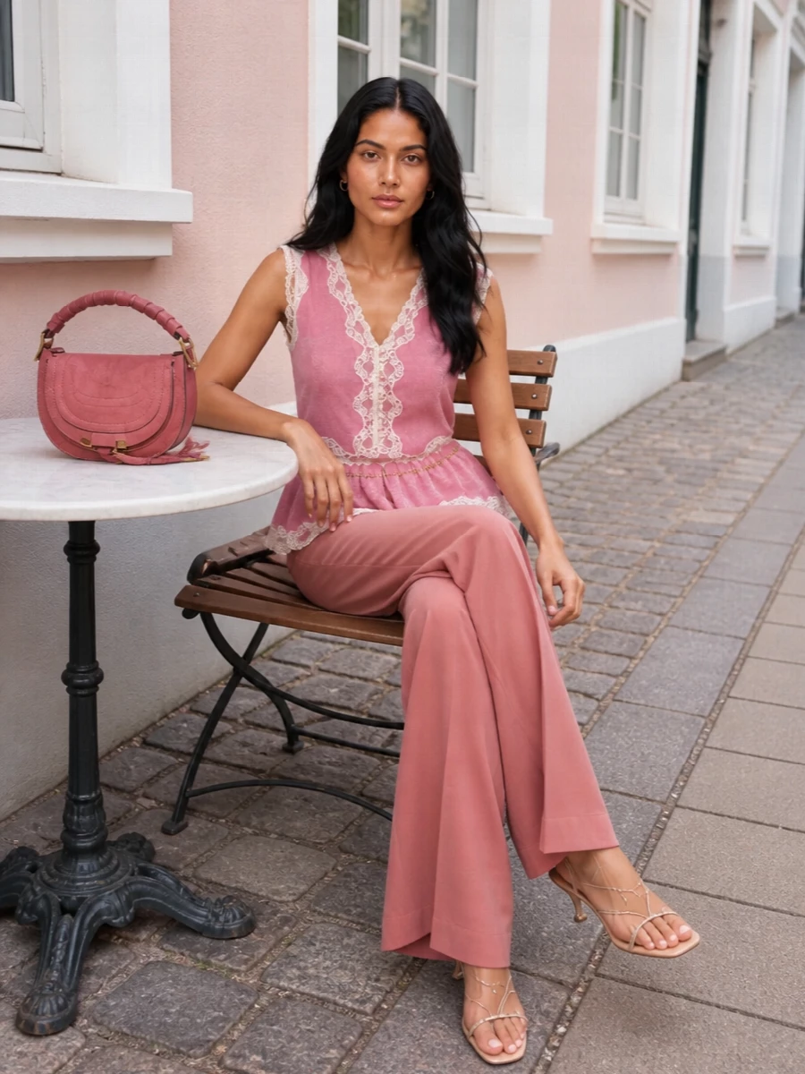 Chloe pink lace blouse dusty rose wide leg trousers