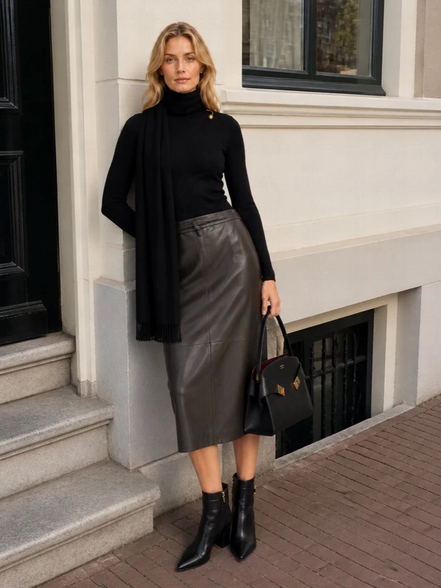 Alberta ferretti turtleneck leather pencil skirt