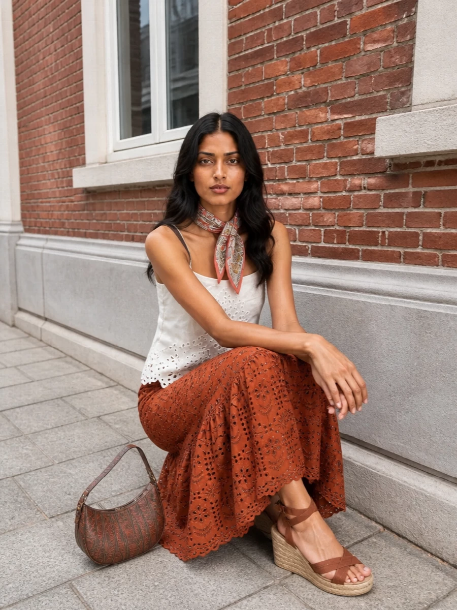 Paul smith rust midi skirt ivory camisole outfit
