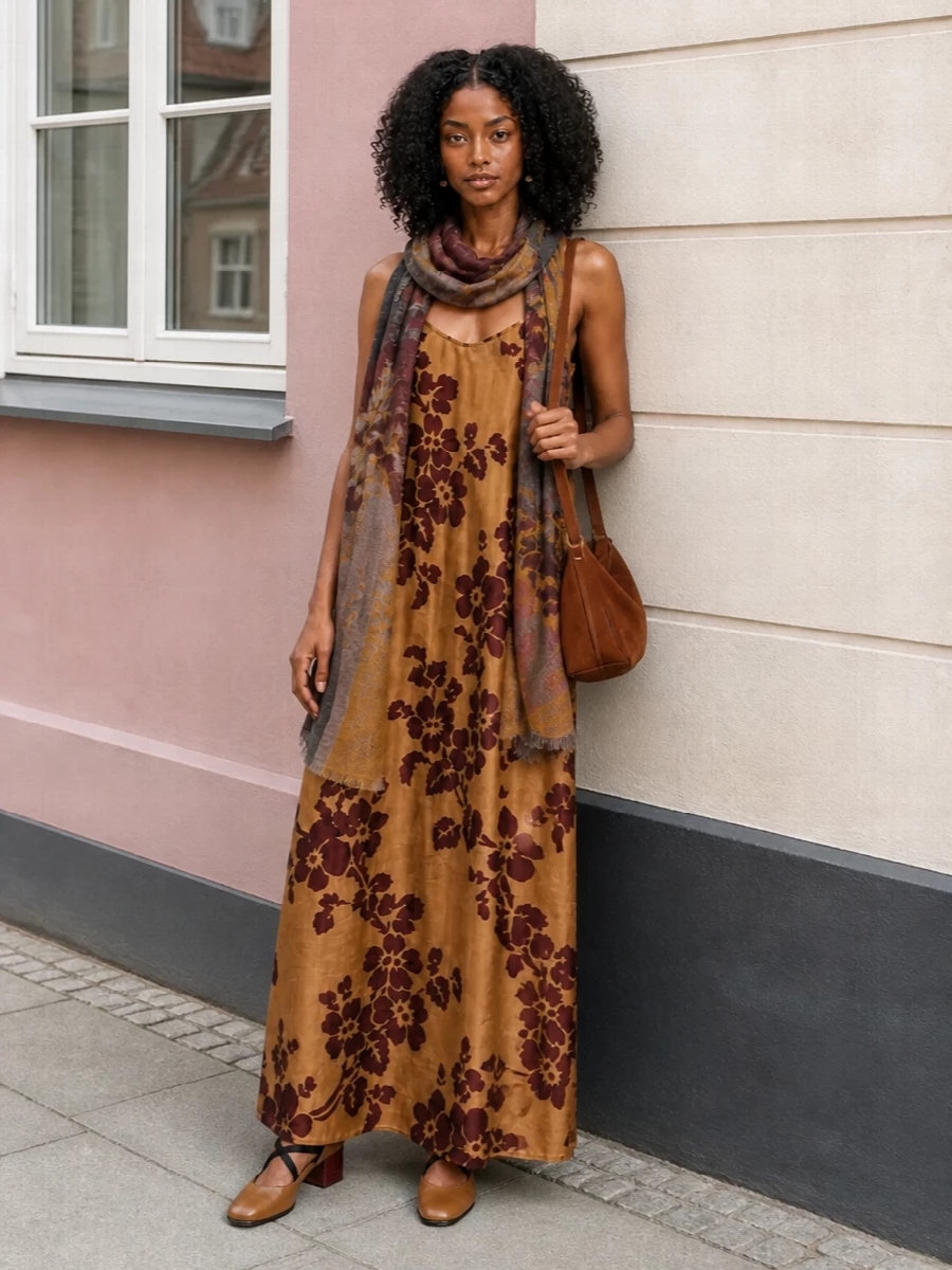 Uma wang floral slip dress camel pumps suede bag