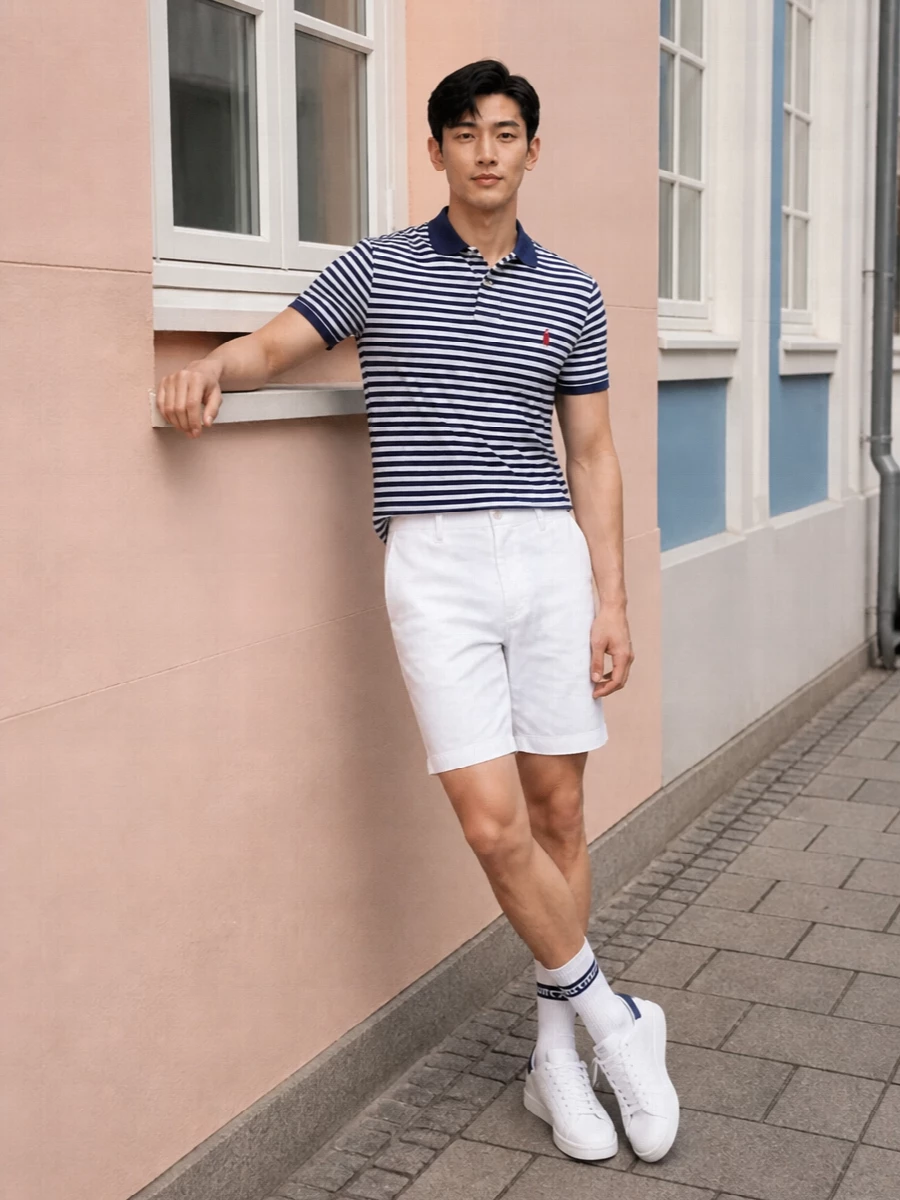 A navy striped Polo shirt sits over crisp white chino shorts for a fresh, East Coast summer take on prep. White and navy court sneakers keep it sporty but neat, while a royal blue duffle and striped socks add collegiate energy that still feels relaxed for city or seaside days.