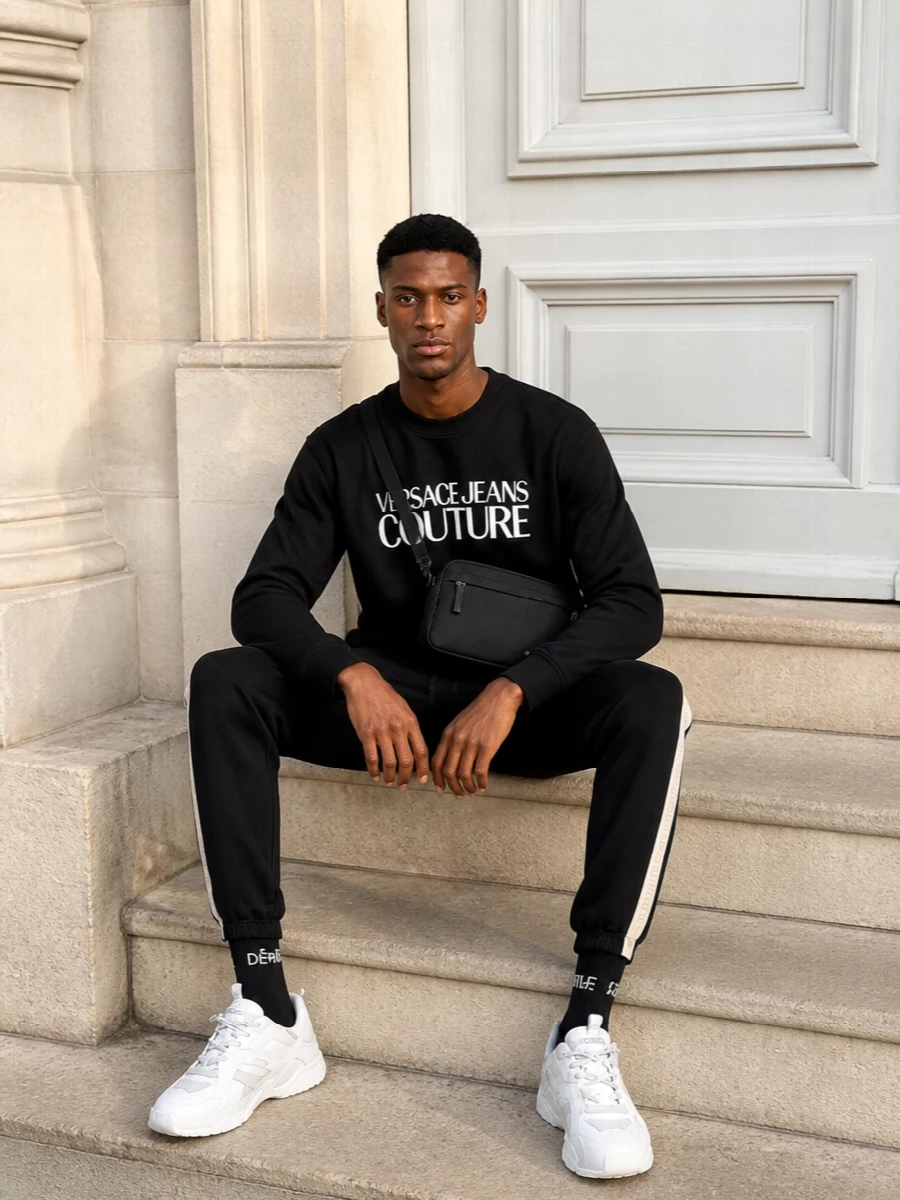 Versace black logo sweatshirt track pants outfit
