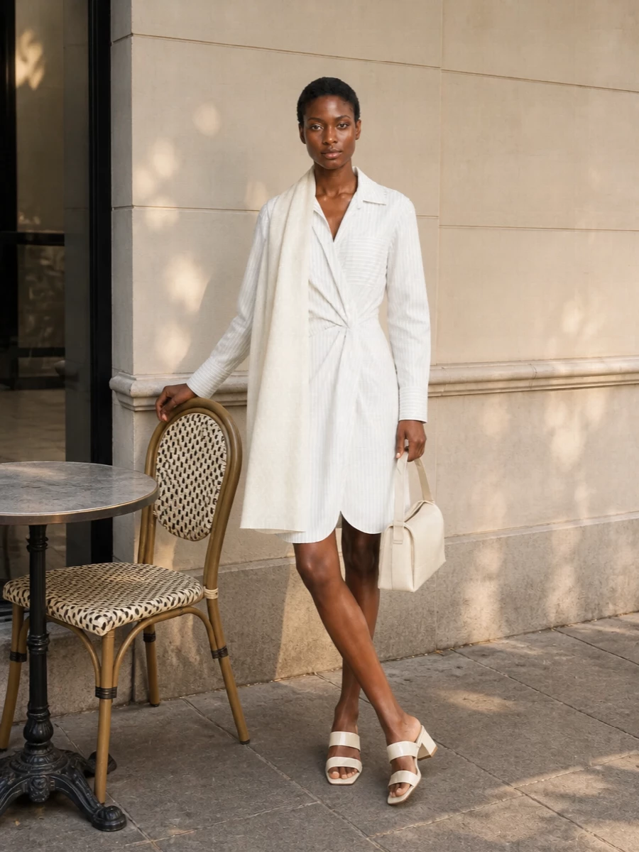 Iro striped wrap dress aeyde mules cream bag