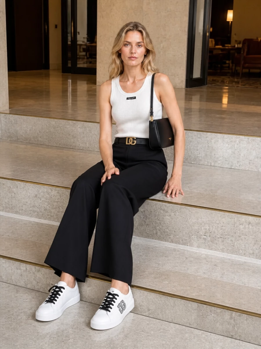 Dolce gabbana white tank black wide leg trousers