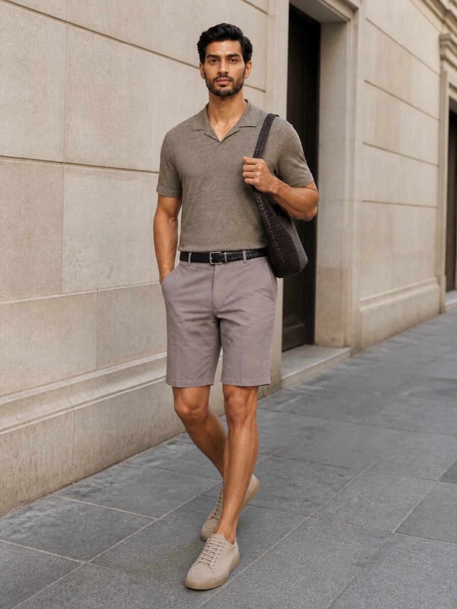 This look leans into a refined tonal story: the taupe melange Zegna polo sits over matching dusty-taupe chino shorts for a cohesive, quietly luxurious SS uniform. Sand suede sneakers keep the line clean and relaxed while a dark, intrecciato crossbody and slim black belt add just enough structure and depth to feel intentionally finished without breaking the calm neutral palette. It’s polished enough for terrace lunches yet easy and breathable for everyday warm-weather wear.