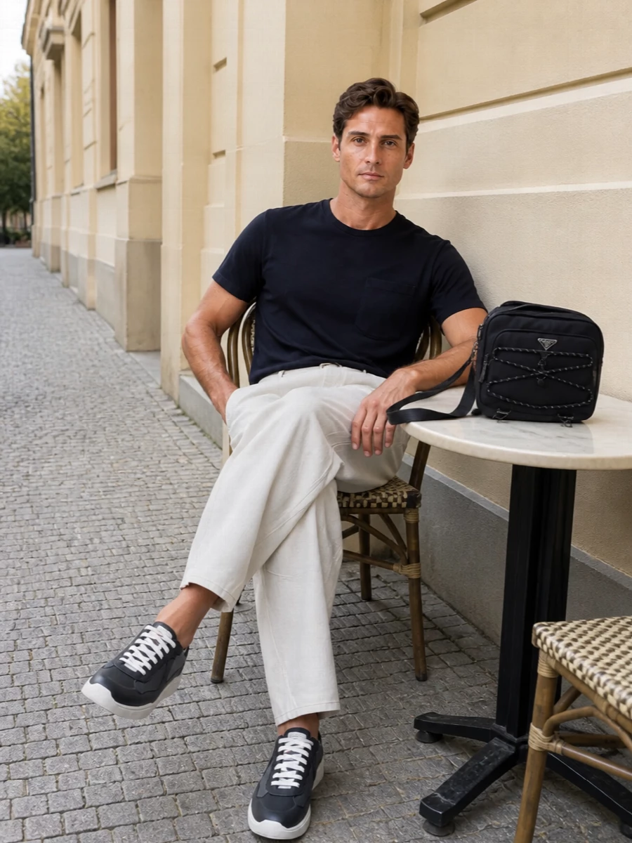 Sacai navy tee off white trouser prada sneaker