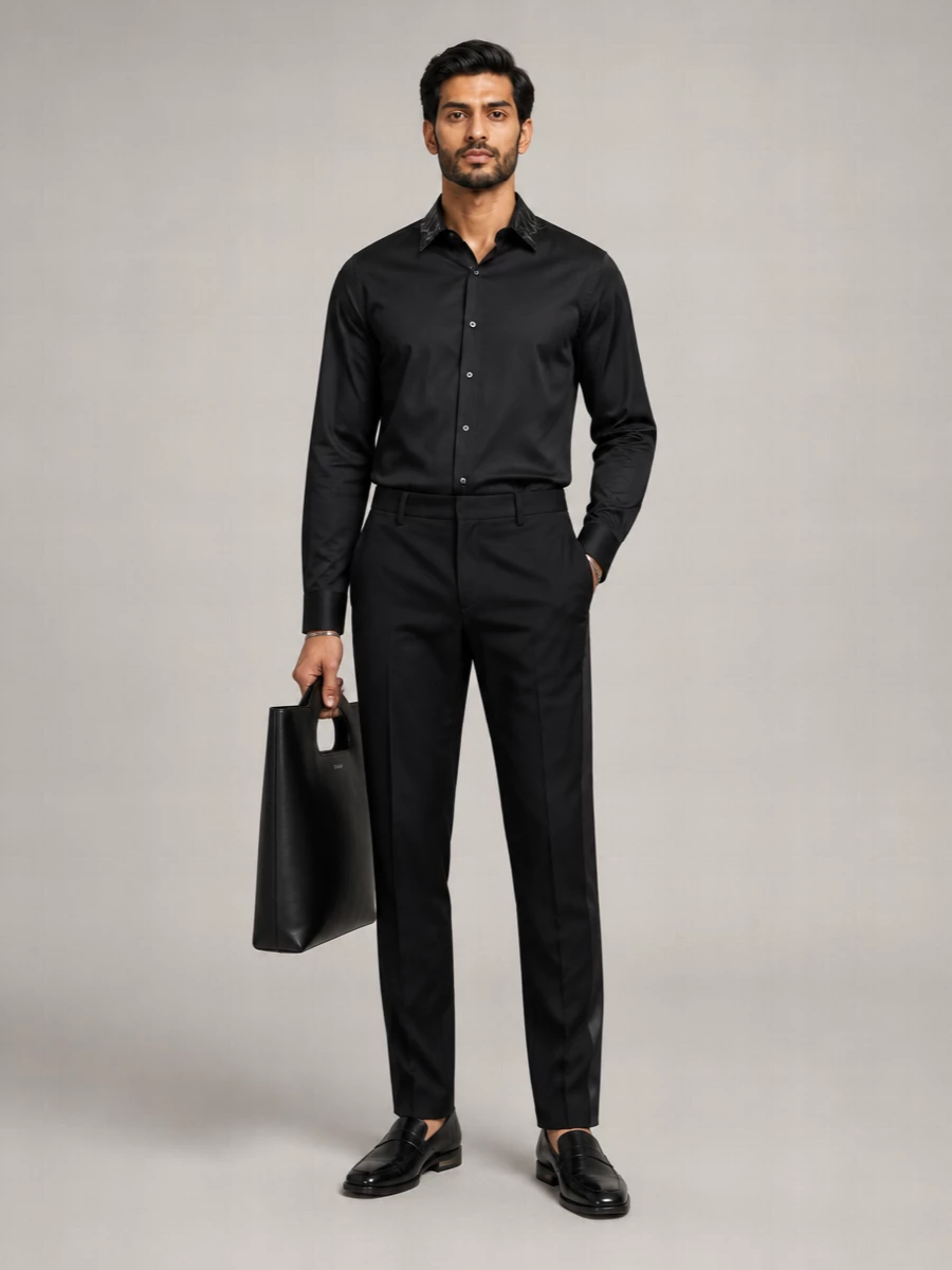 A black-on-black tailored lineup, cut close to the body, lets the Versace cuff’s precise silver geometry carry the attitude. Fluid Margiela shirting, razor McQueen tailoring and disciplined leather accessories create a quiet, after-dark uniform that moves easily from gallery opening to late dinner without ever tipping into costume.