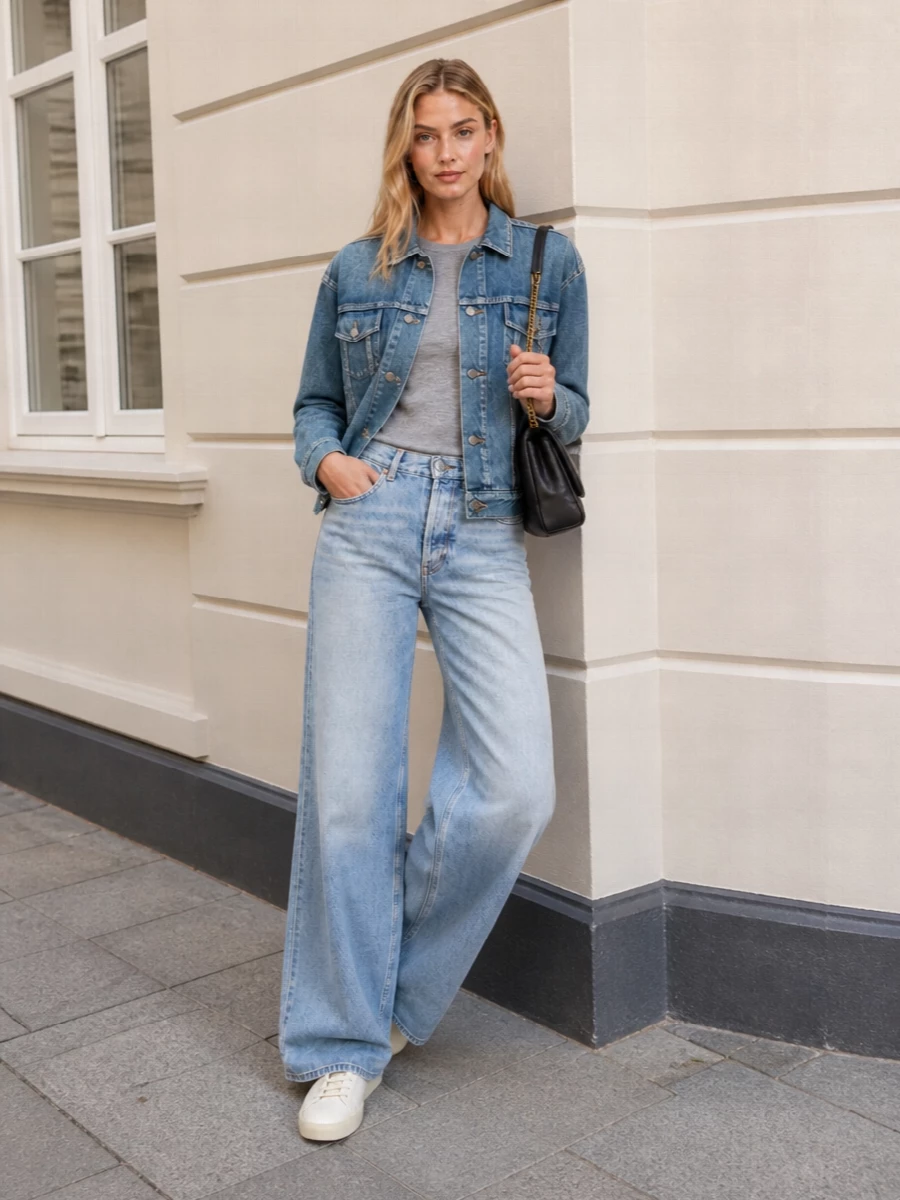 Saint laurent denim jacket wide leg jeans outfit