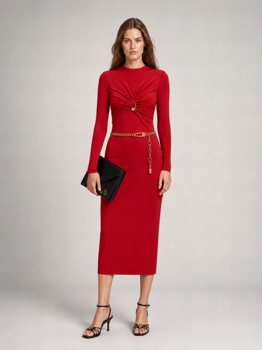 Versace Viscose Jersey Long-Sleeve Midi Dress