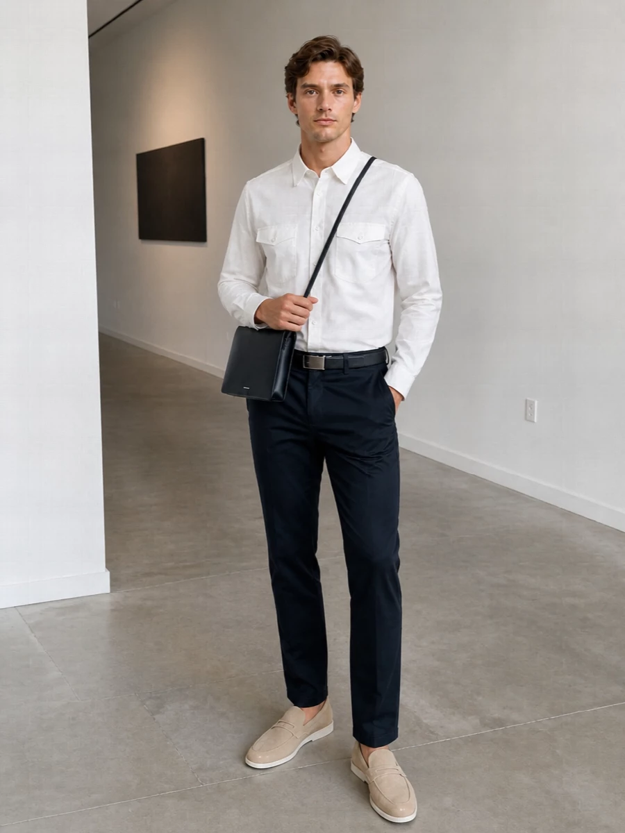 Jacob cohen chinos white shirt suede loafers