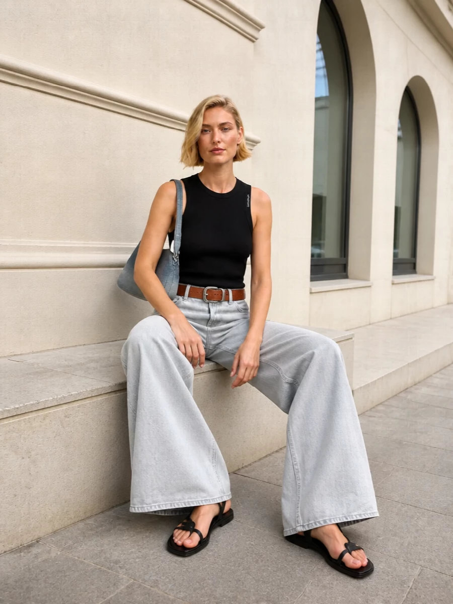 Dondup wide leg jeans black tank sandals
