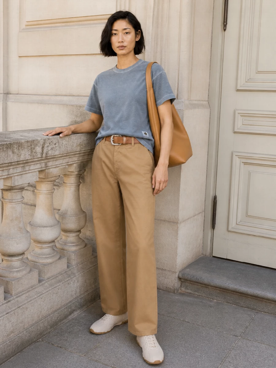 Carhartt camel trousers blue tee adidas sneakers