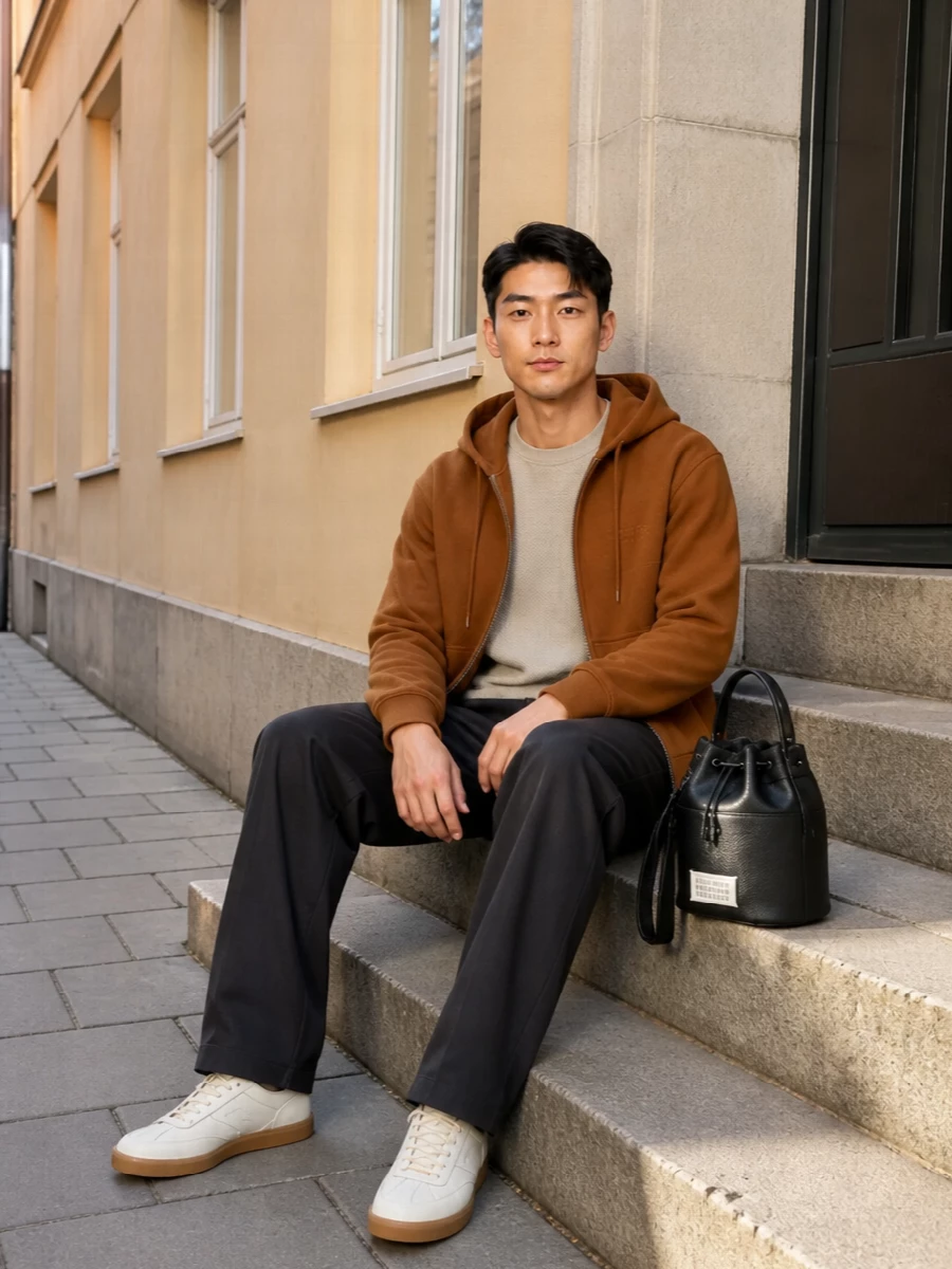 Mm6 hoodie black trousers sneakers outfit