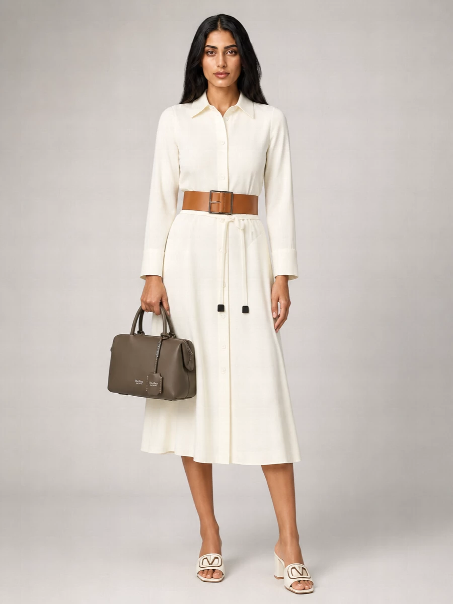 Max Mara Linen Blend Belted Shirt Midi Dress