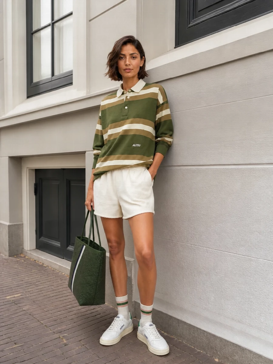 Autry polo cream shorts sneakers outfit