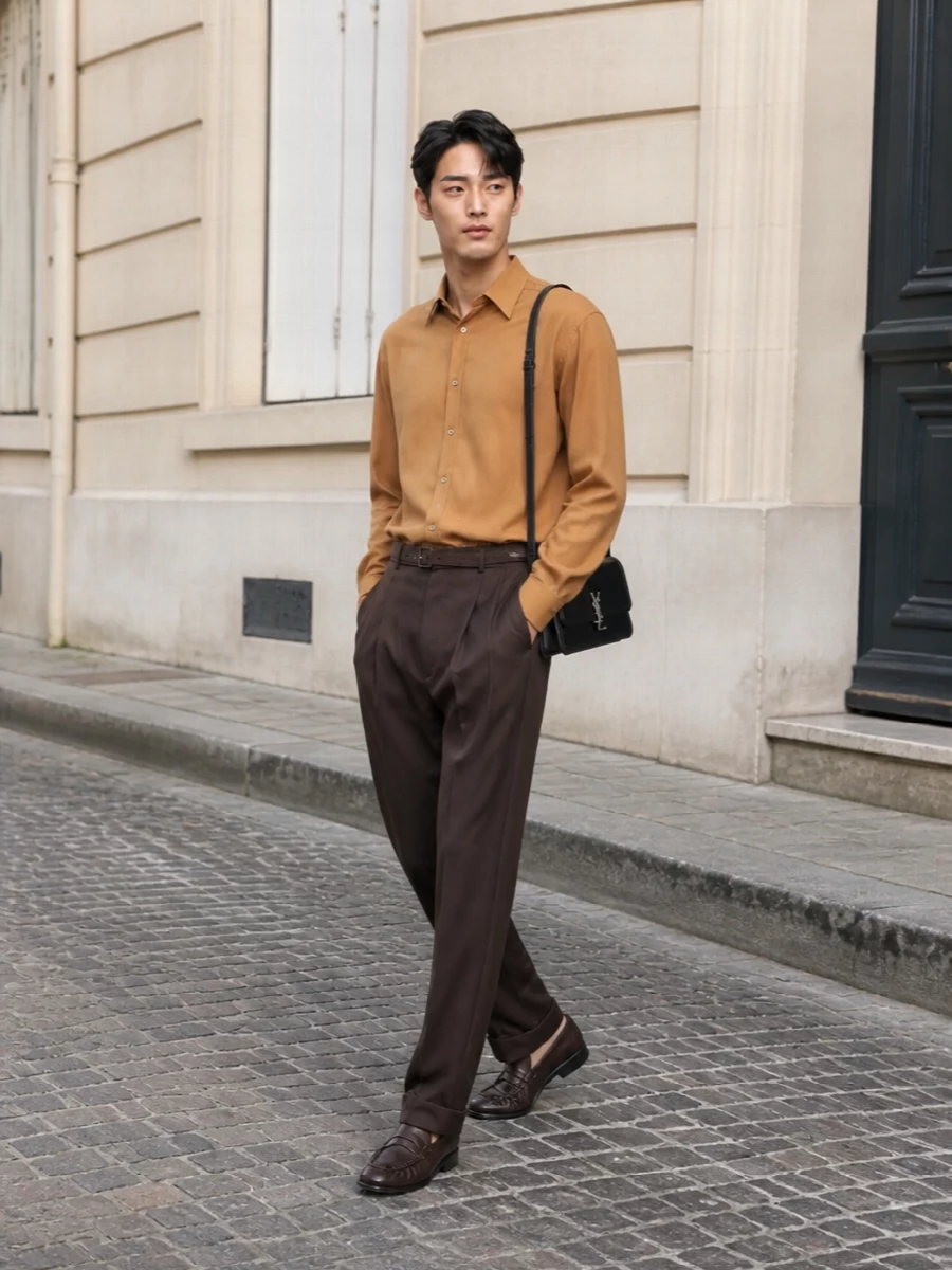 Saint laurent camel shirt brown pleated trousers
