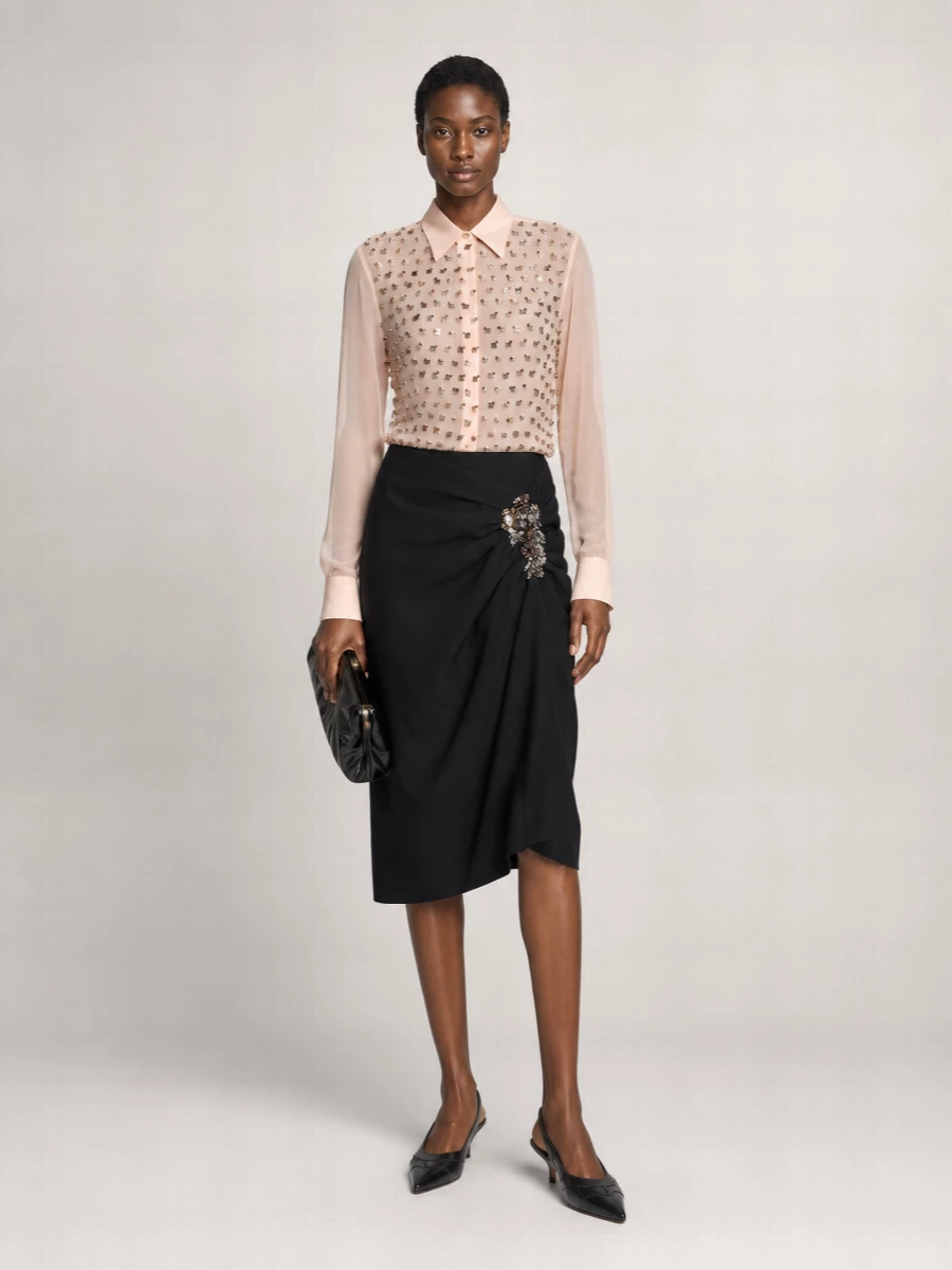 Dries Van Noten Wool Draped Embellished Midi Skirt