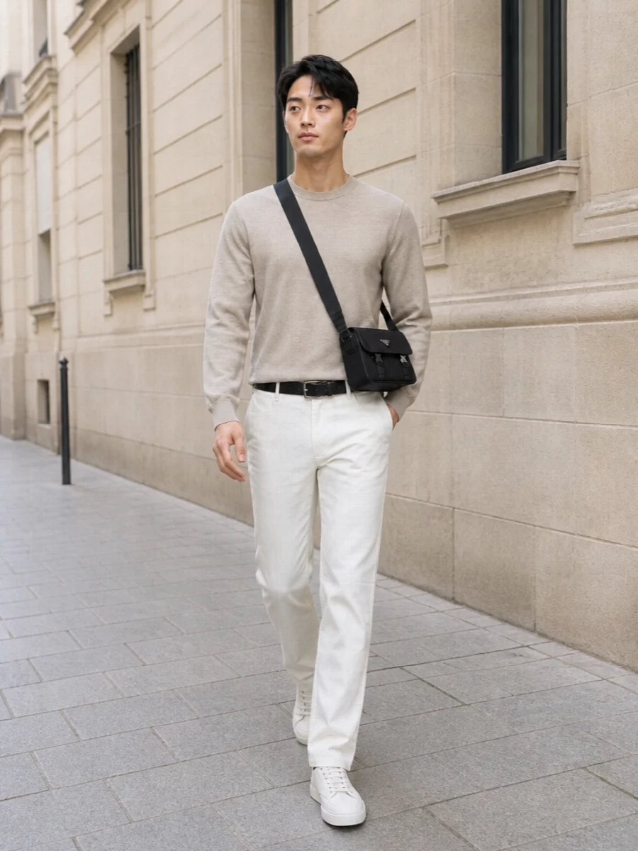 Beige crewneck ivory trousers smart casual outfit