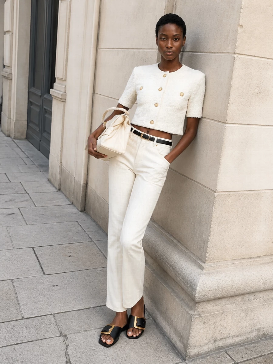 Balmain ivory trousers boucle crop top outfit