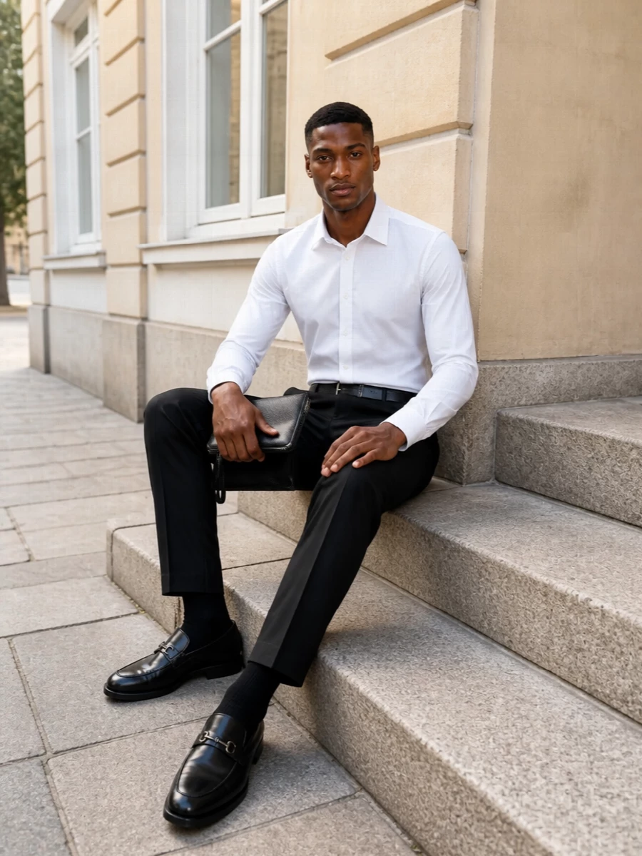 A quietly precise black and white palette lets the Montblanc belt do what it does best, anchoring sharp tailoring without noise. Brioni shirting, Pal Zileri trousers and Burberry loafers keep the line clean and formal, while the Tom Ford pouch finishes everything with compact, focused intent. It is a modern city uniform for serious days and understated evenings alike.