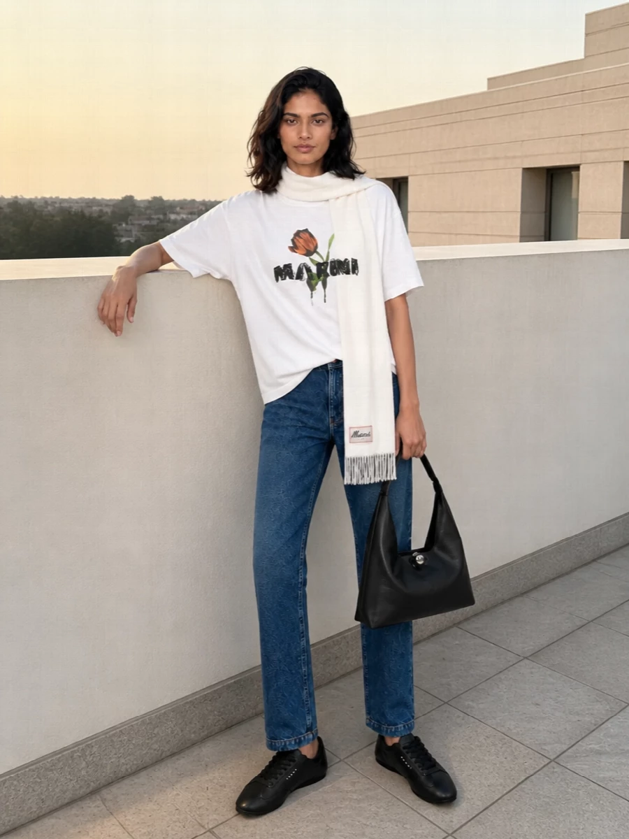A graphic Marni tee is grounded with straight mid-indigo denim for a relaxed, city-ready base. Sleek black sneakers and a soft-structured black hobo keep the palette tight and intentional, while an ivory scarf adds a quiet winter layer without crowding the print. The proportions stay clean and long, so the tee reads deliberate rather than oversized.