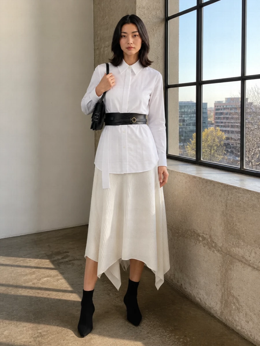 Jw anderson ivory midi skirt black boots outfit