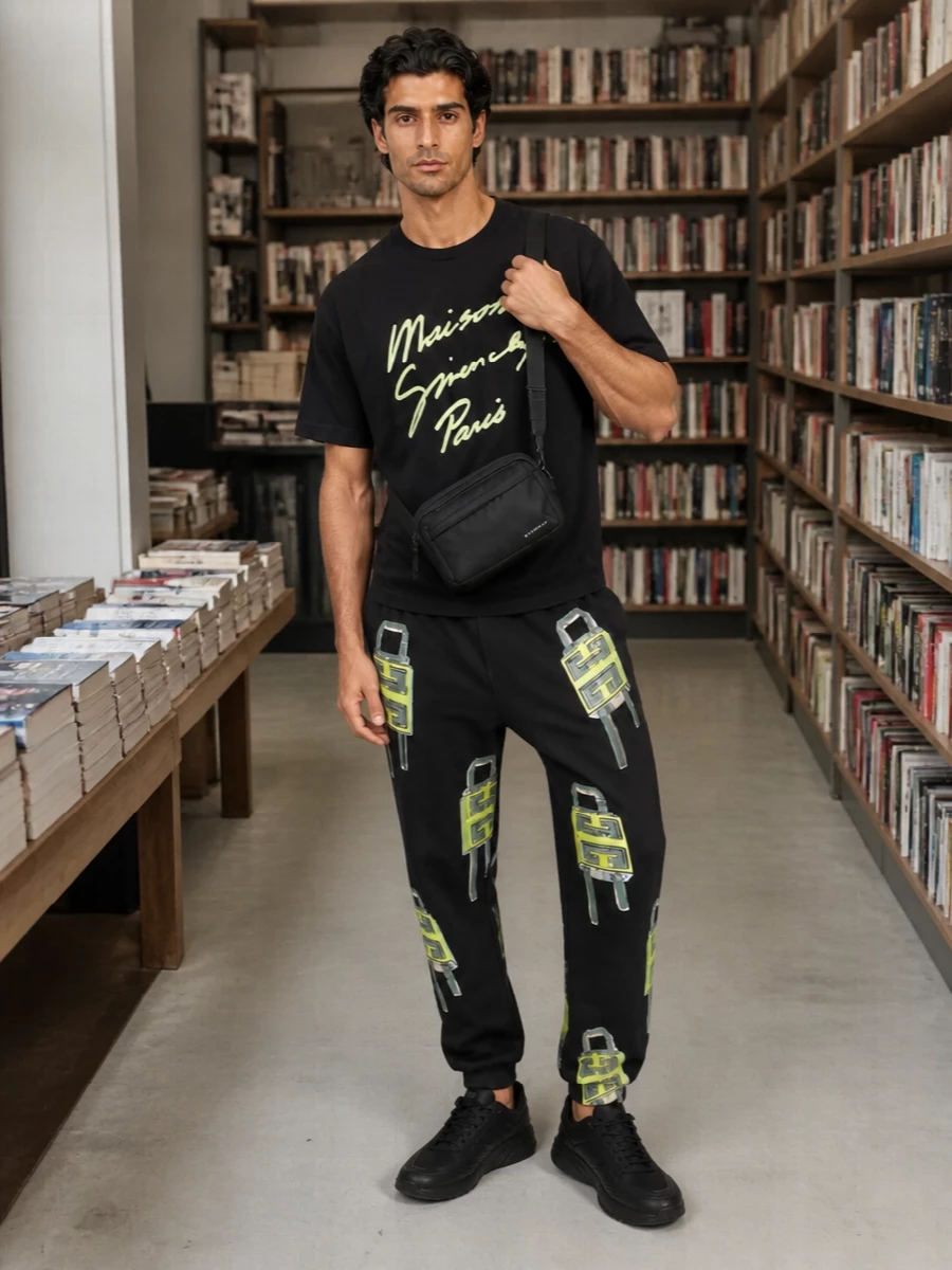 Givenchy neon tee padlock track pants outfit