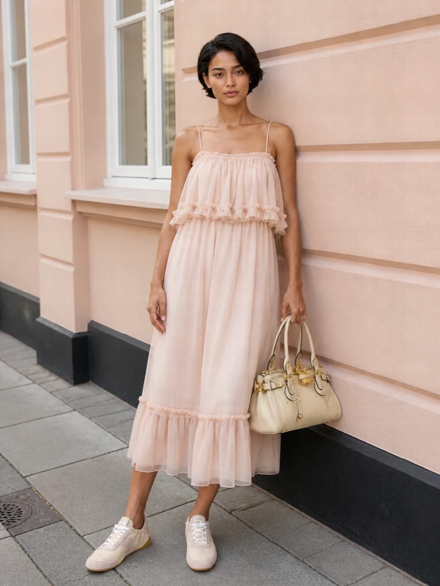 Chloe blush slip dress beige sneakers outfit