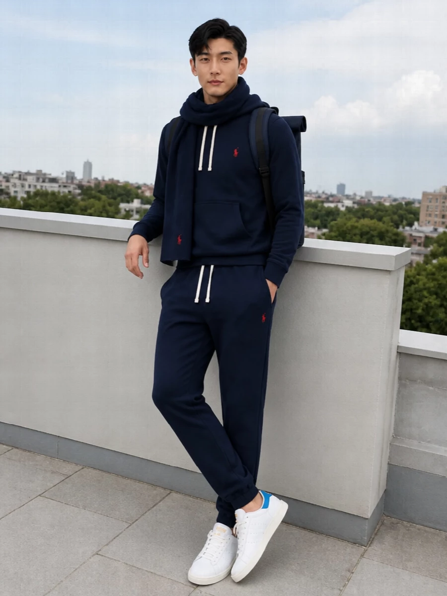 Polo ralph lauren navy joggers outfit white adidas