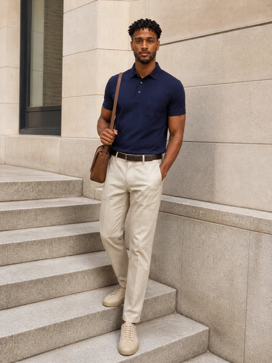 Zegna navy polo beige trousers suede sneakers