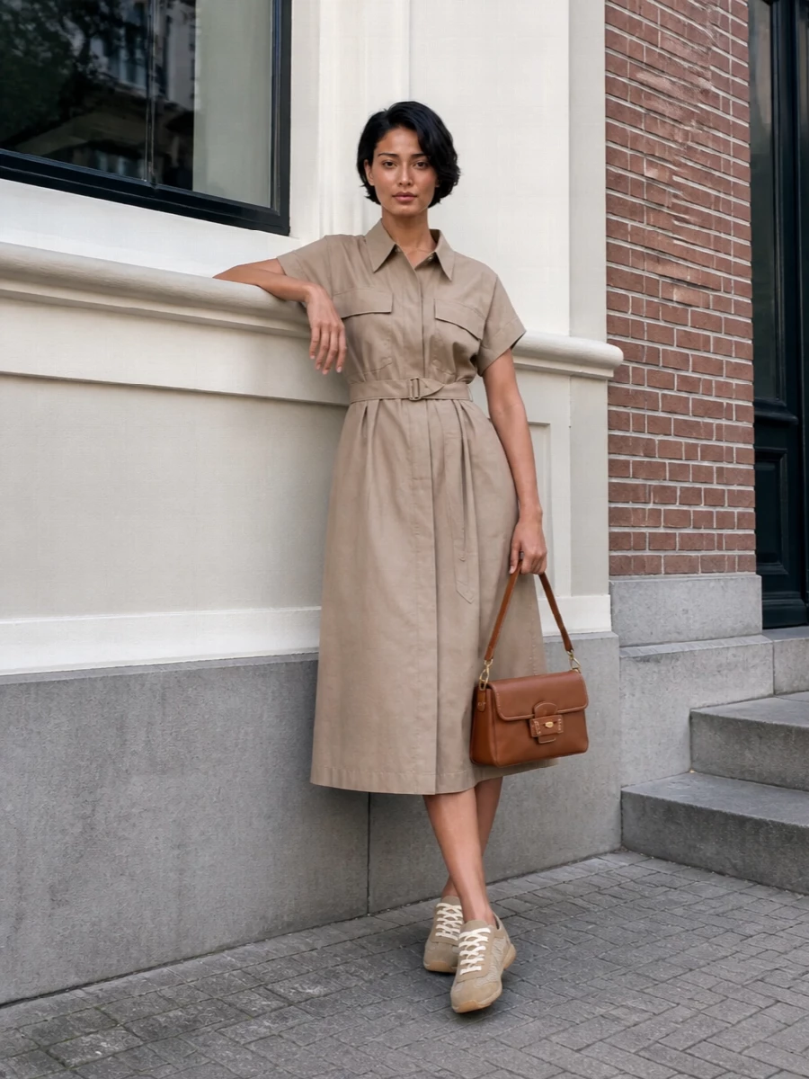 The sand Brunello Cucinelli shirt dress picks up the suede-and-mesh sneaker’s warm neutrals and easy structure, so the whole outfit reads calm, tonal and quietly athletic. The belted waist and clean collar keep it urbane rather than beachy, while the midi length and shirt details give you enough formality for terrace lunches or gallery afternoons. A structured tan Miu Miu baguette adds a precise, city-ready note that grounds all the softness without breaking the neutral story.