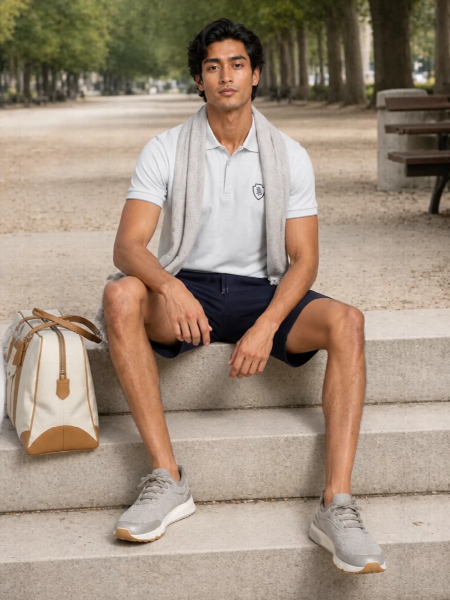 Brunello cucinelli navy short grey polo outfit