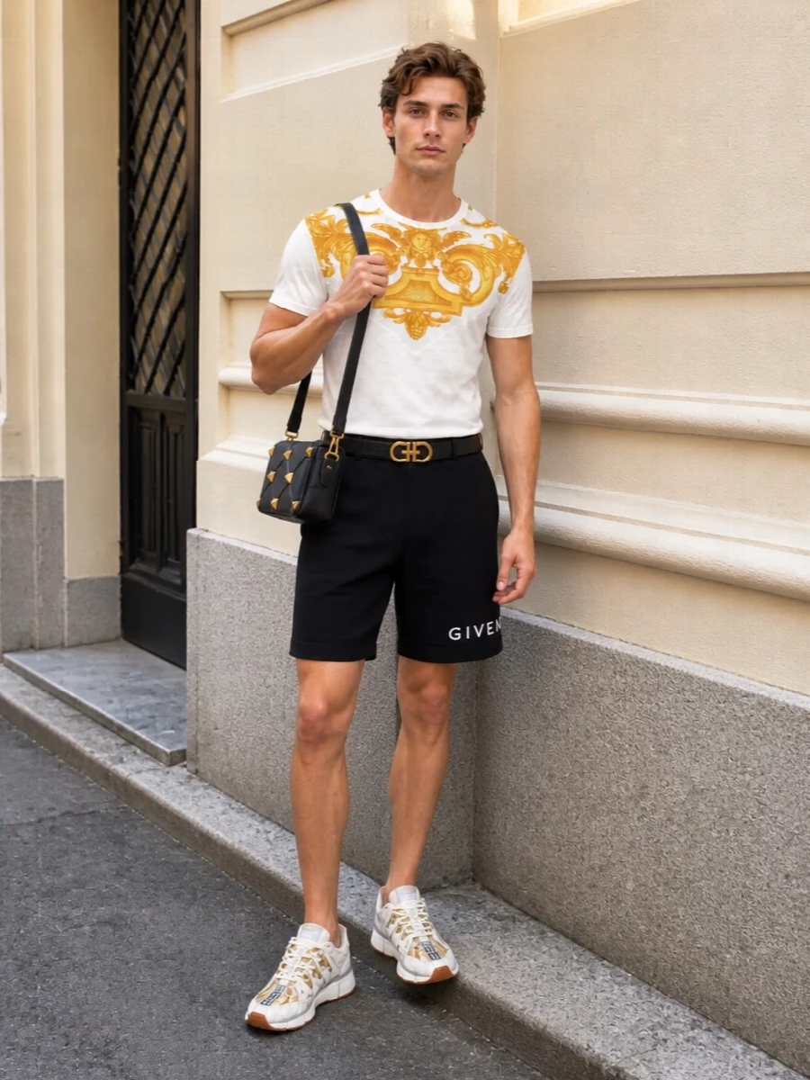 Versace baroque tshirt black shorts sneakers