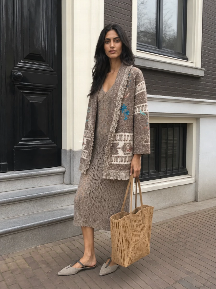 Opting for the taupe knit dress route keeps the Alanui cardigan as the hero, layering tonal textures instead of clashing multiple statement patterns. The Brunello Cucinelli dress, pointed mules and open-weave tote create a long, quiet column of sand and mushroom shades that feels coastal yet city-ready. It is an easy travel or long-weekend ensemble that reads considered without ever feeling overworked.