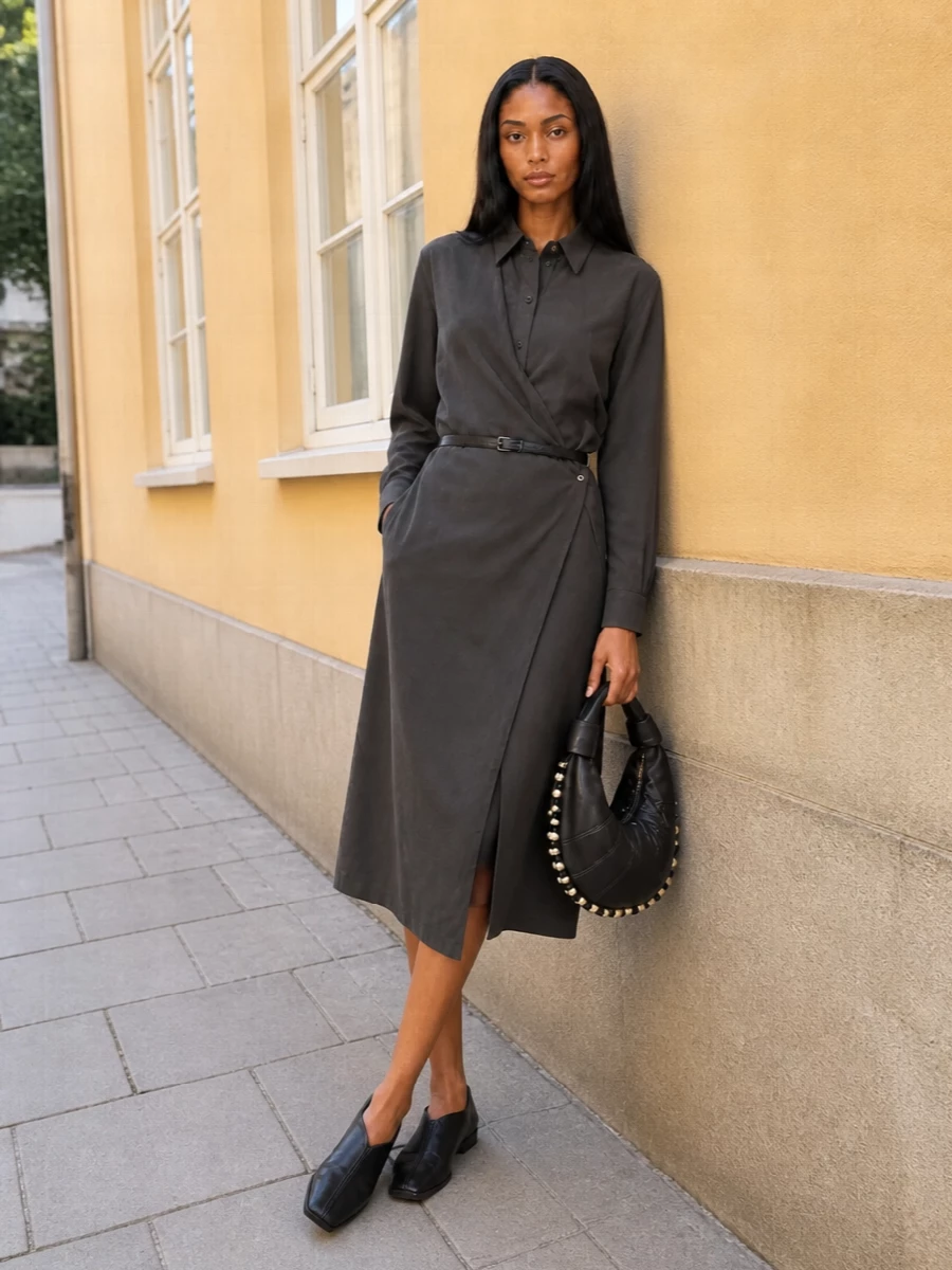 Lemaire charcoal wrap shirt dress outfit
