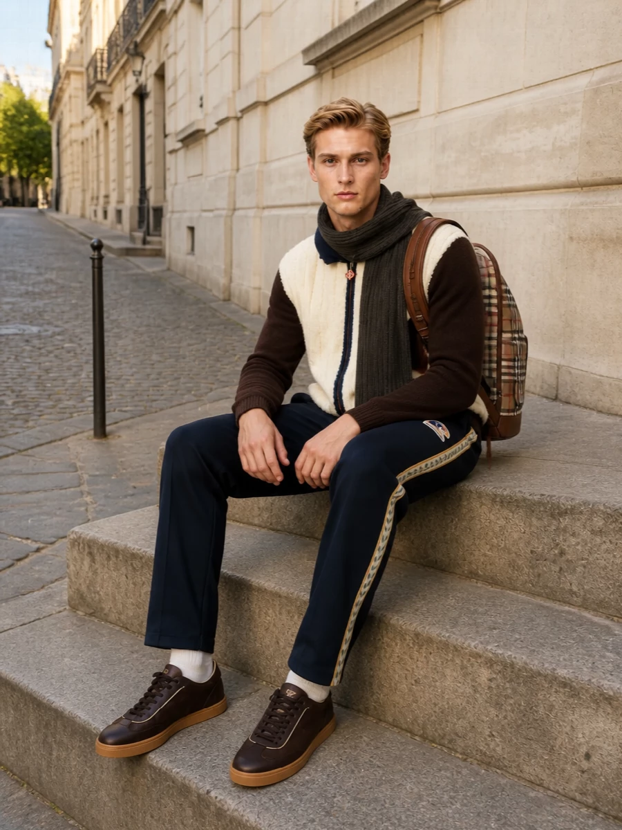 Casablanca bomber navy track pants brown sneakers