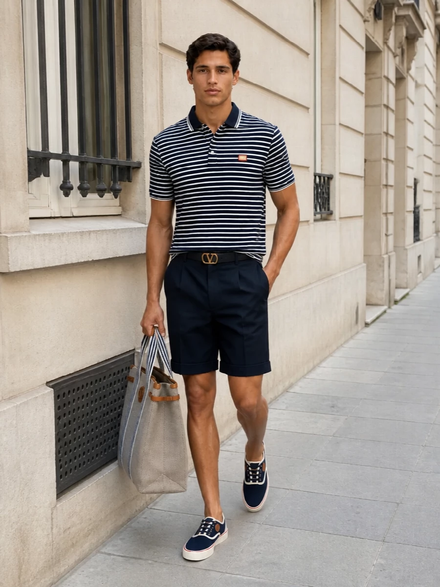 Valentino striped polo navy bermuda shorts outfit