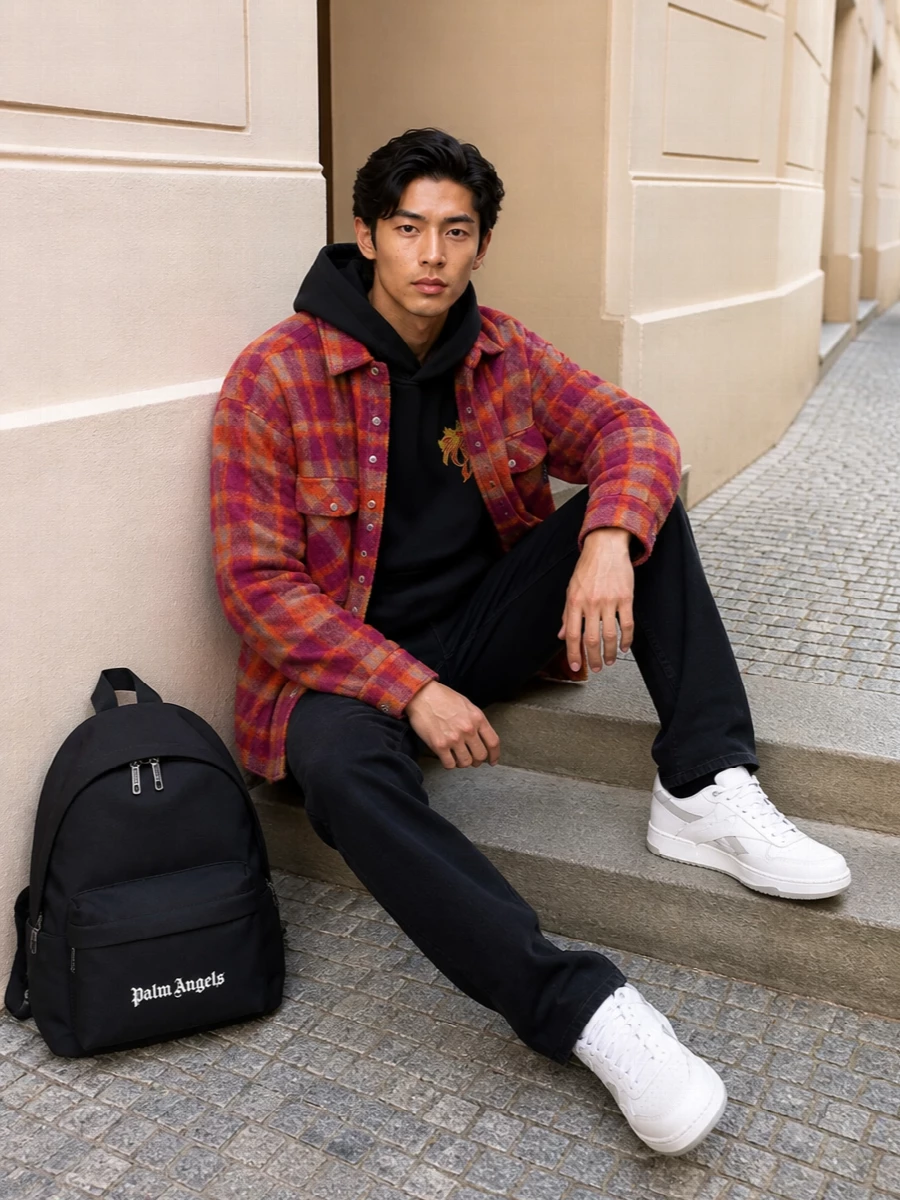 Palm angels plaid overshirt black jeans outfit
