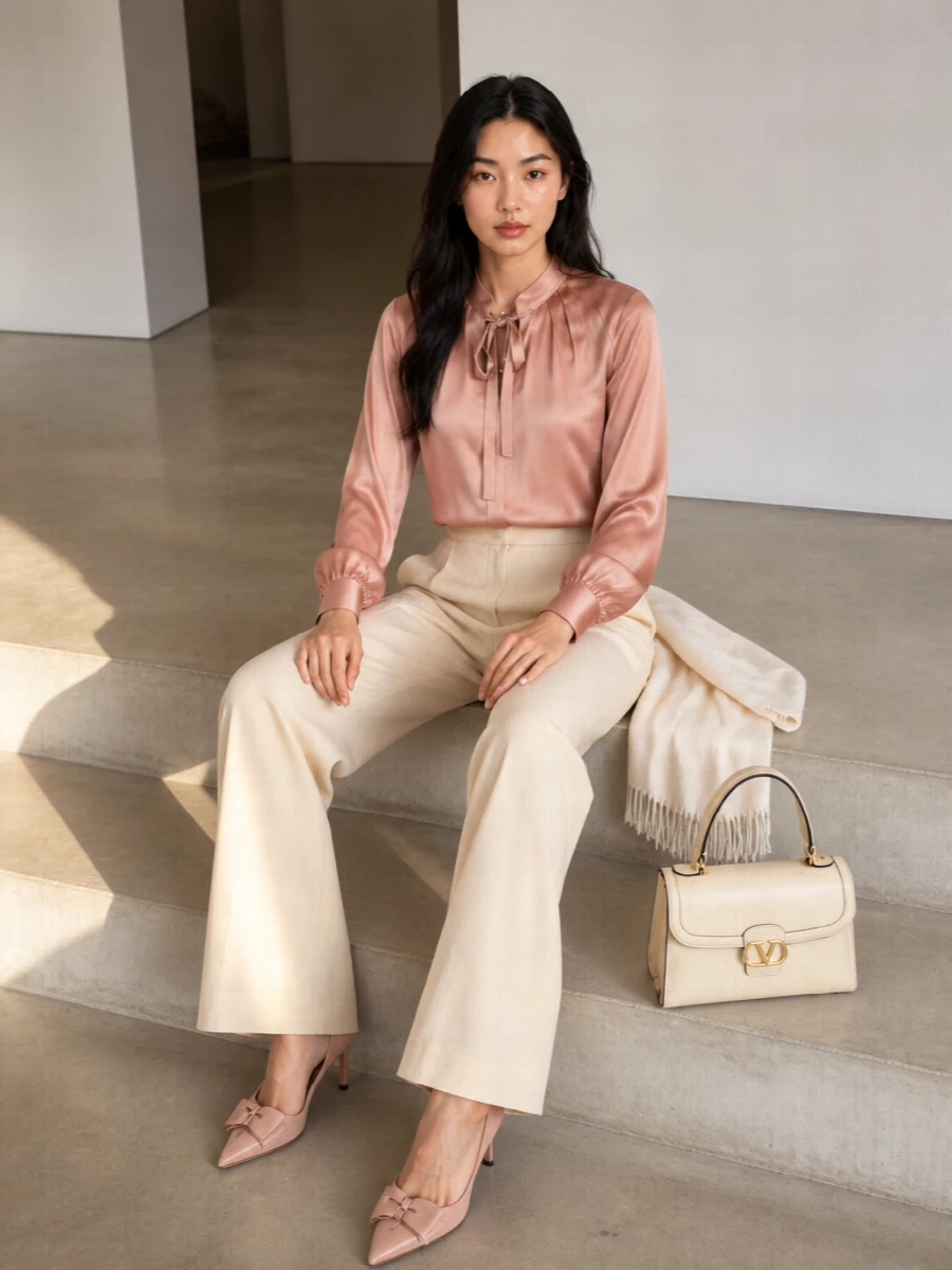 Dusty rose satin and buttercream tailoring create a soft, elongated column that feels romantic yet precise for dinner, clients, or a more intimate event. Nude stilettos and a buttercream top-handle keep the palette hushed and leg line long, while an ivory scarf adds just enough winter softness around the face.