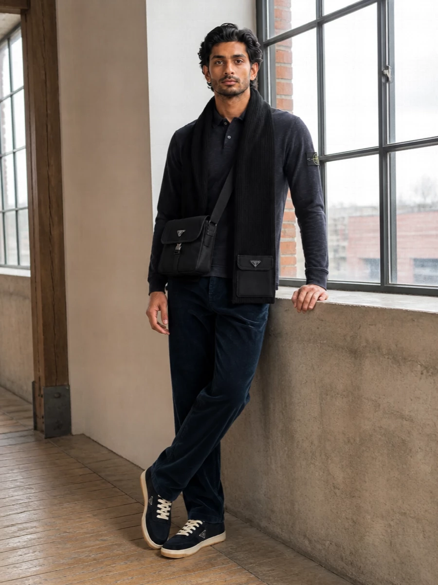 A dark, tonal take on Stone Island off duty, this pairing leans into navy corduroy for depth against the structured polo. Prada sneakers and a sharp nylon crossbody introduce just enough polish while keeping everything firmly in the urban, technical lane. The result is clean, relaxed and quietly premium for cooler city days.