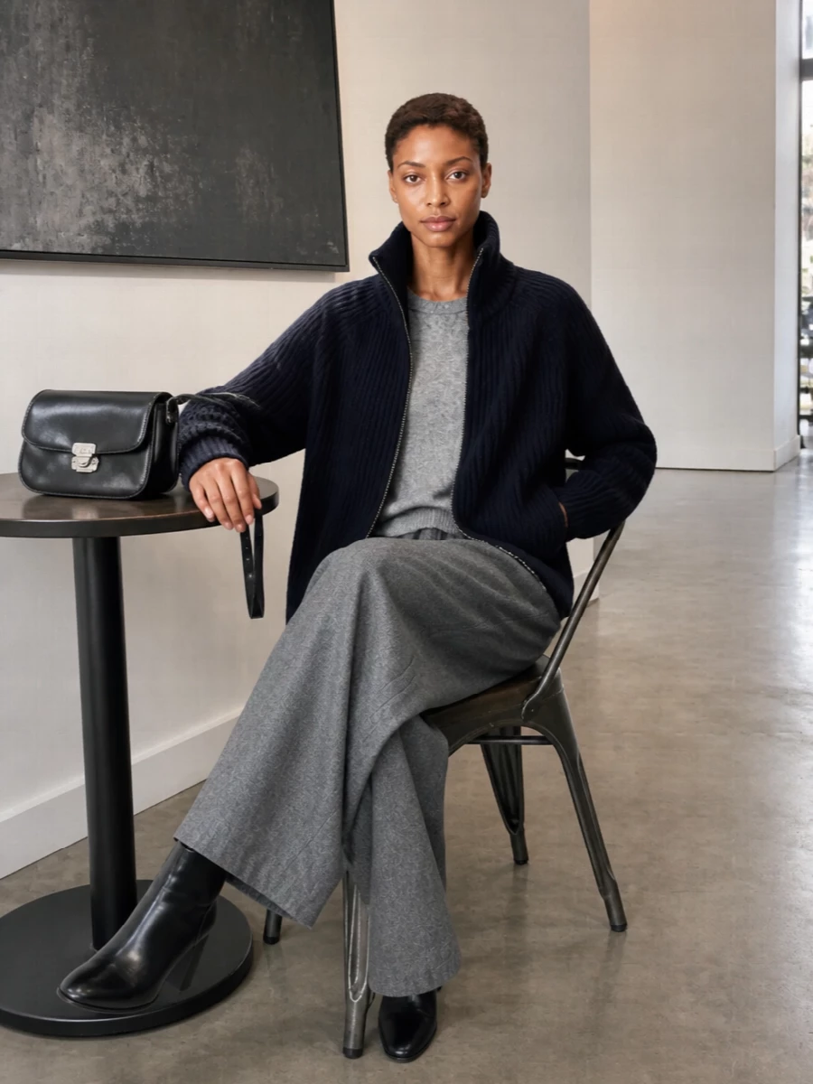 Soeur navy jacket grey wide leg trousers