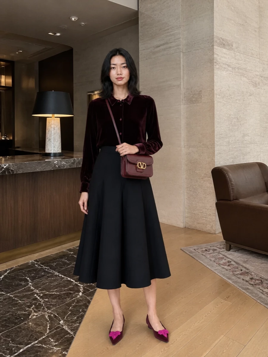 Deep burgundy velvet up top and a sculpted black midi skirt create a long, quiet-luxury line that lets your Roger Vivier flats read as a subtle jewel at the hem. The palette sits in rich, wine and black tones, so the flash of fuchsia on the shoe feels considered rather than loud. A structured bordeaux bag finishes the ensemble with a soft echo of color and just enough hardware to keep it city-ready for fall evenings.