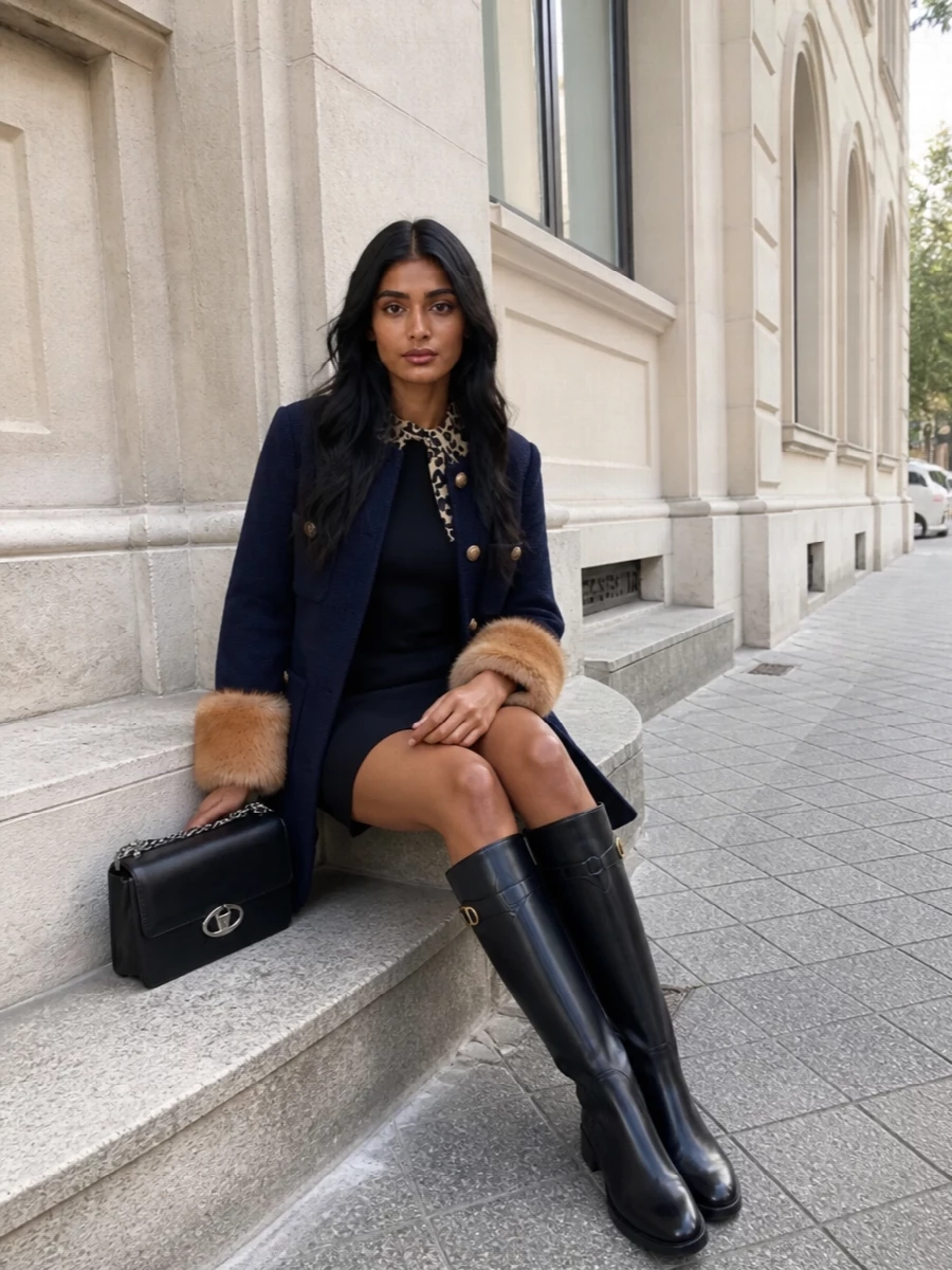Valentino navy coat black mini dress riding boots
