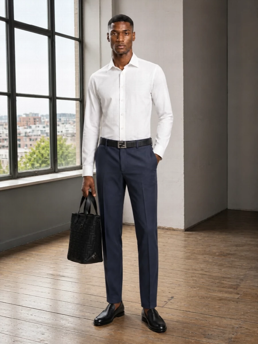 Fendi white shirt navy trousers black loafers