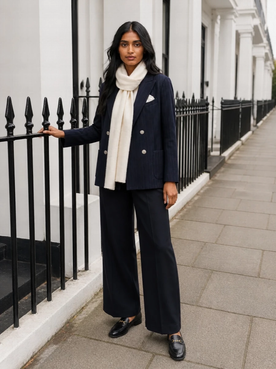 Tagliatore navy blazer wide leg trousers outfit