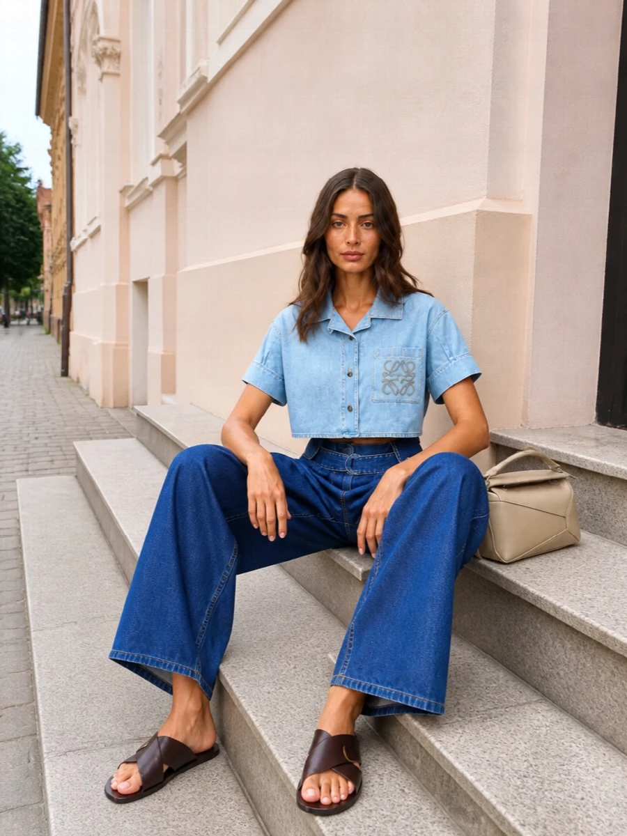 Loewe denim shirt with wide leg jeans
