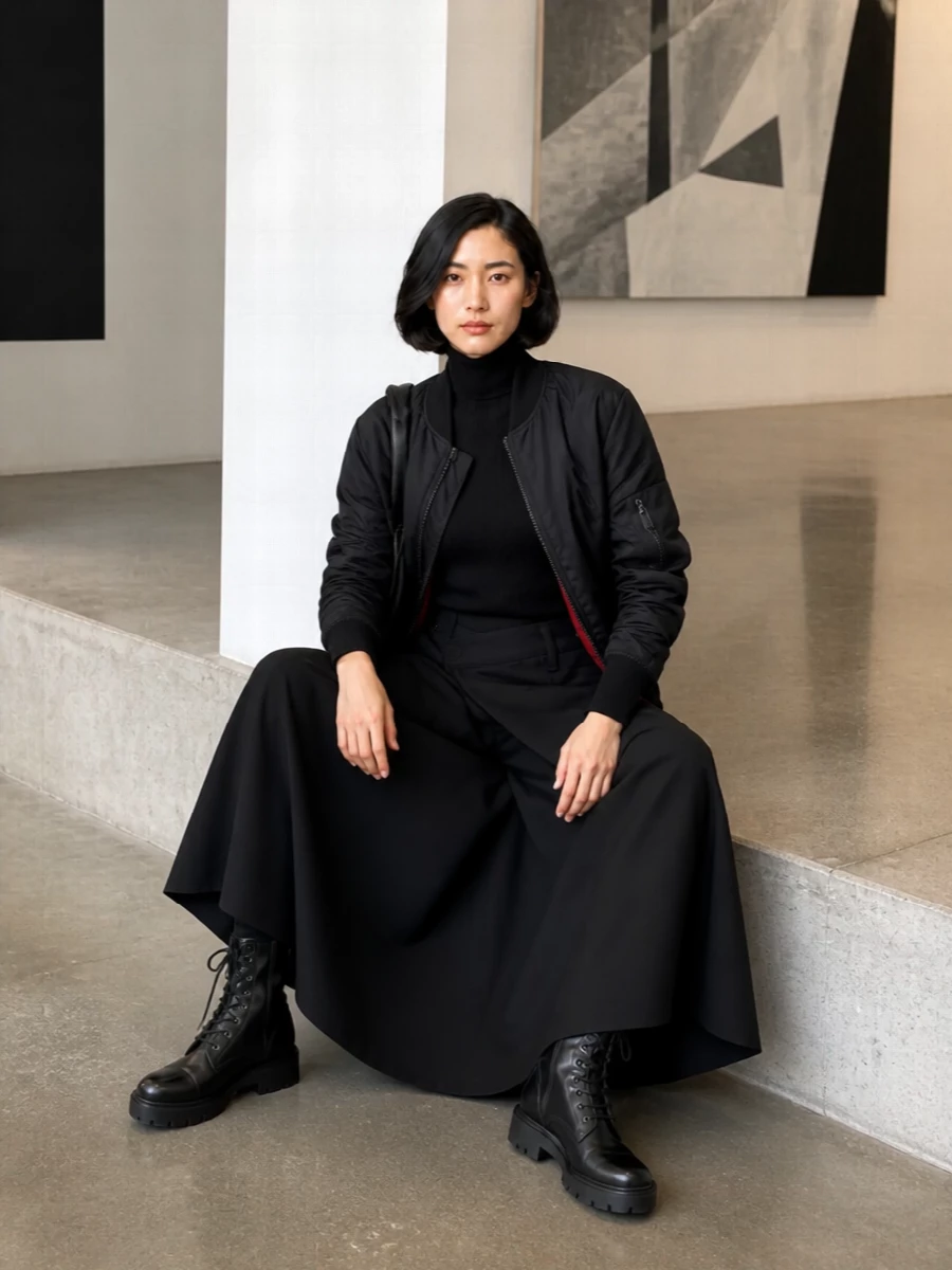 Junya bomber wrap skirt combat boots