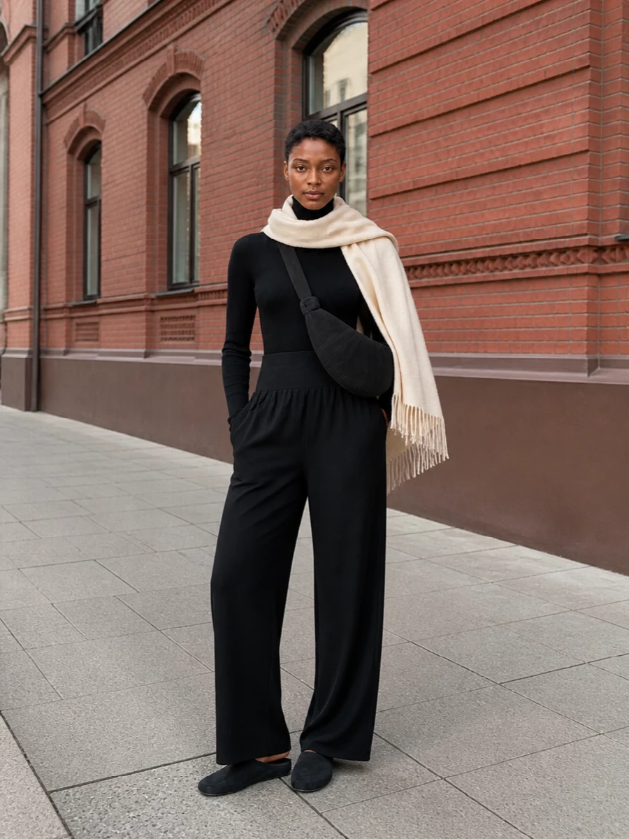 Wolford wide leg pants black turtleneck mules